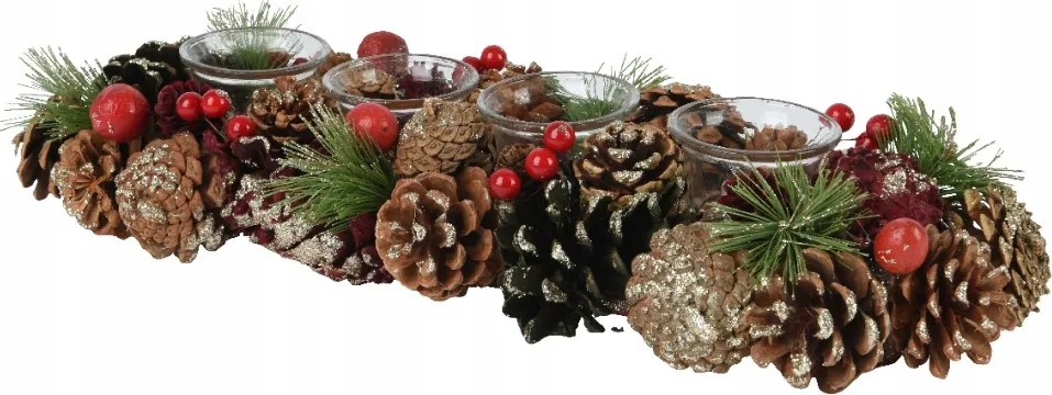 Karácsonyi Gyertyatartó tobozokkal és berkenyével díszítve 15x45x9cm