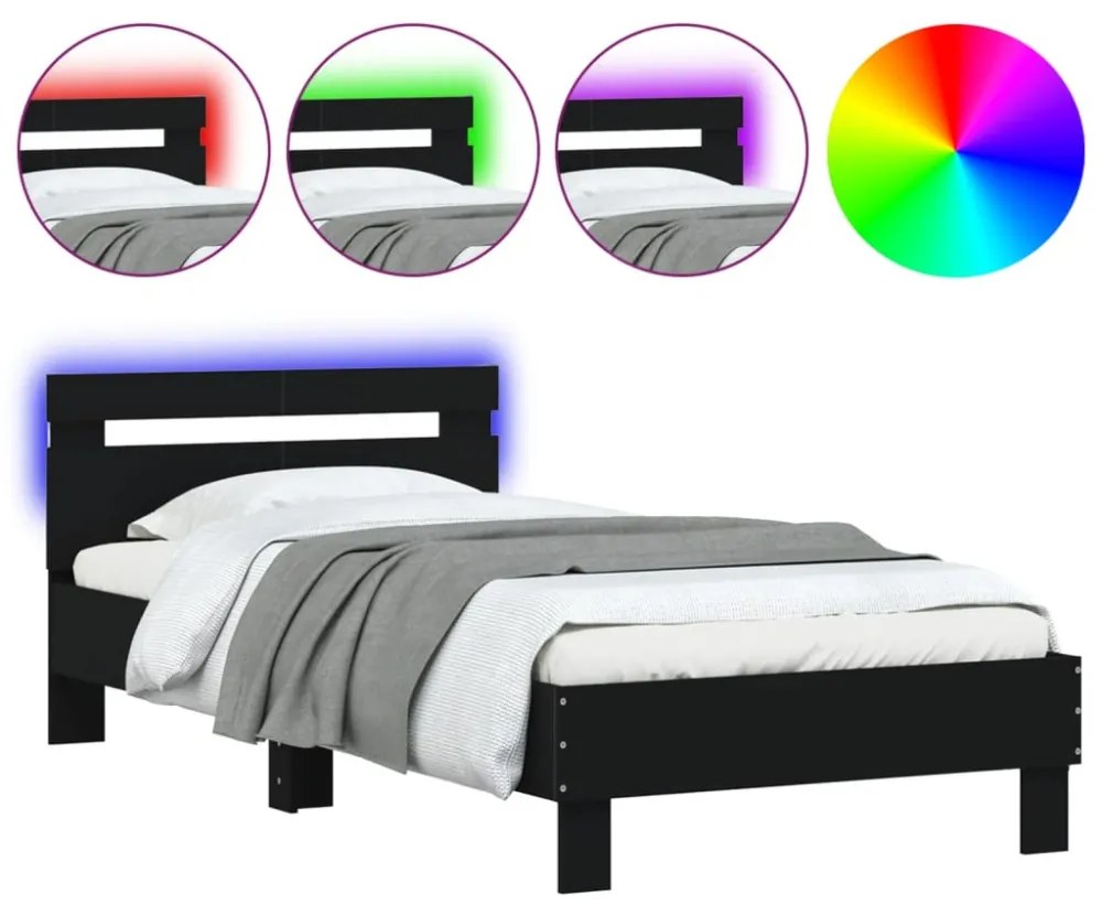 fekete ágykeret fejtámlával és LED-világítással 100 x 200 cm