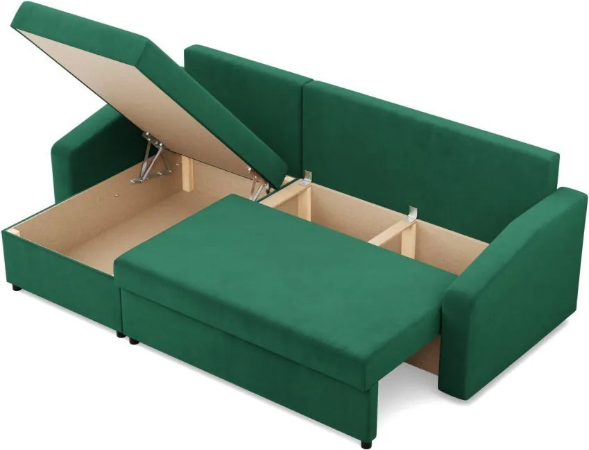 Zeus sarokkanapé, 2 ágyneműtartóval, döntött kartámasz, bársony, univerzális oldal, hab töltet, zöld