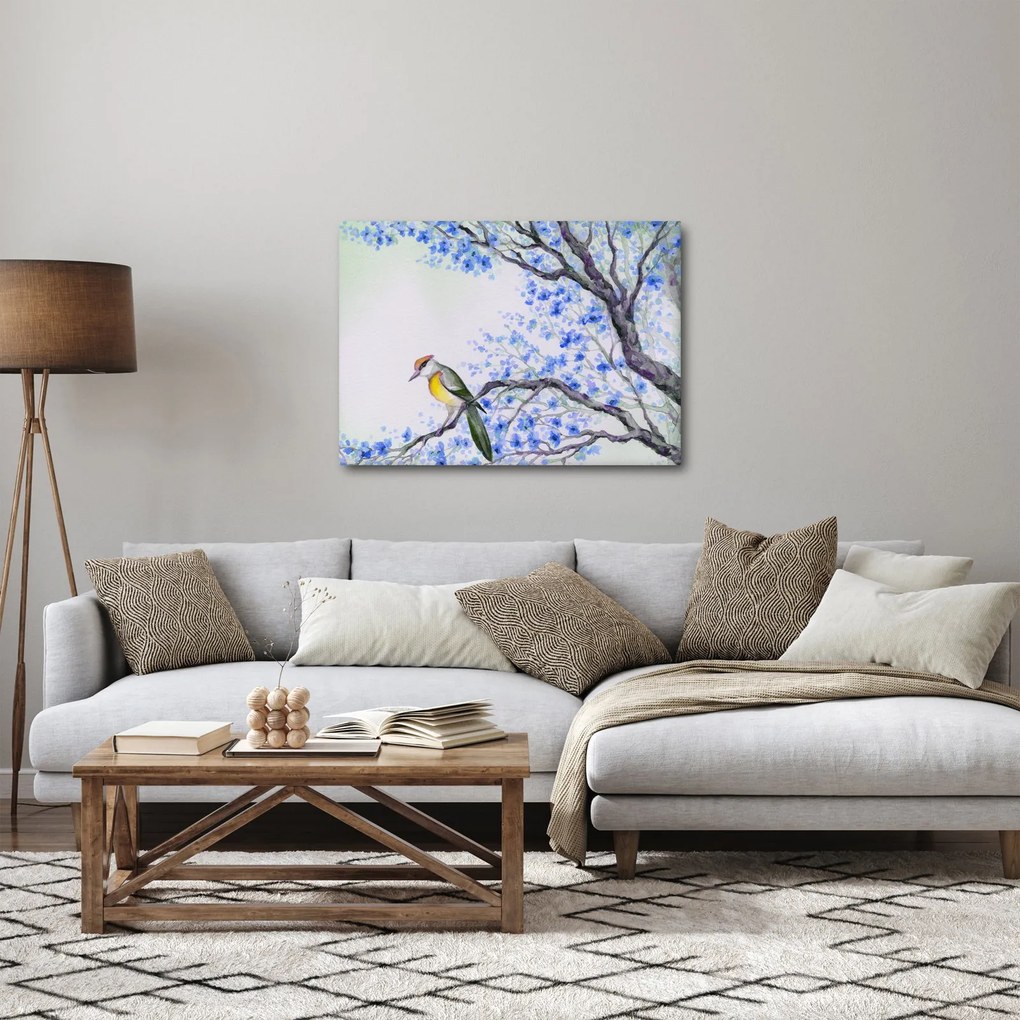 Kép - Madár egy fán kék virágokkal (70x50 cm)