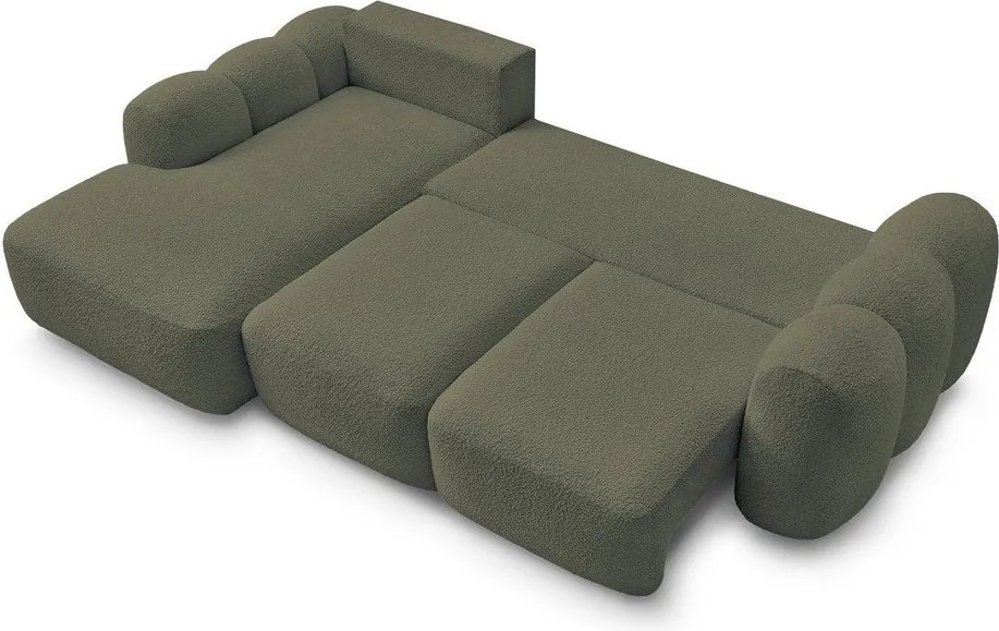 Zöld buklé kinyitható-tárolóhelyes sarokkanapé (bal oldali-heverő résszel) Montaigne – Bobochic Paris