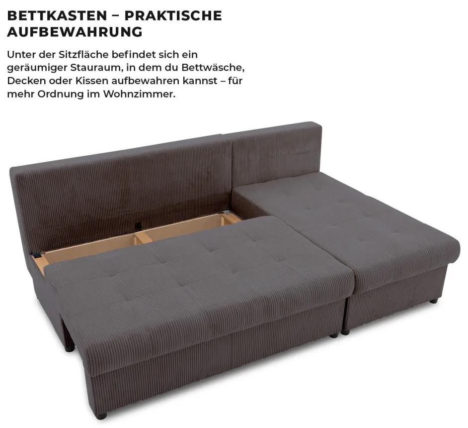 Venezia sarokkanapé, kordbársony, univerzális oldal, hab töltet, szürke