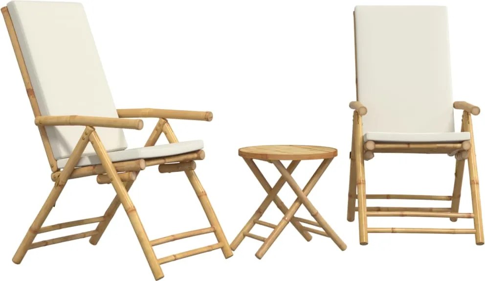 vidaXL 3 db bambusz összecsukható bisztrószett krémfehér párnával