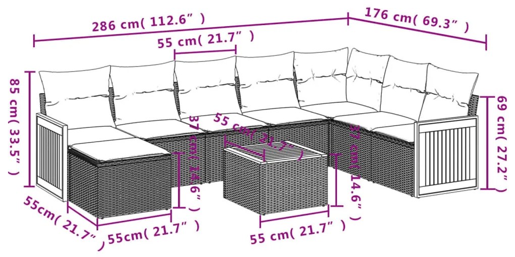 9 részes szürke polyrattan kerti ülőgarnitúra párnákkal