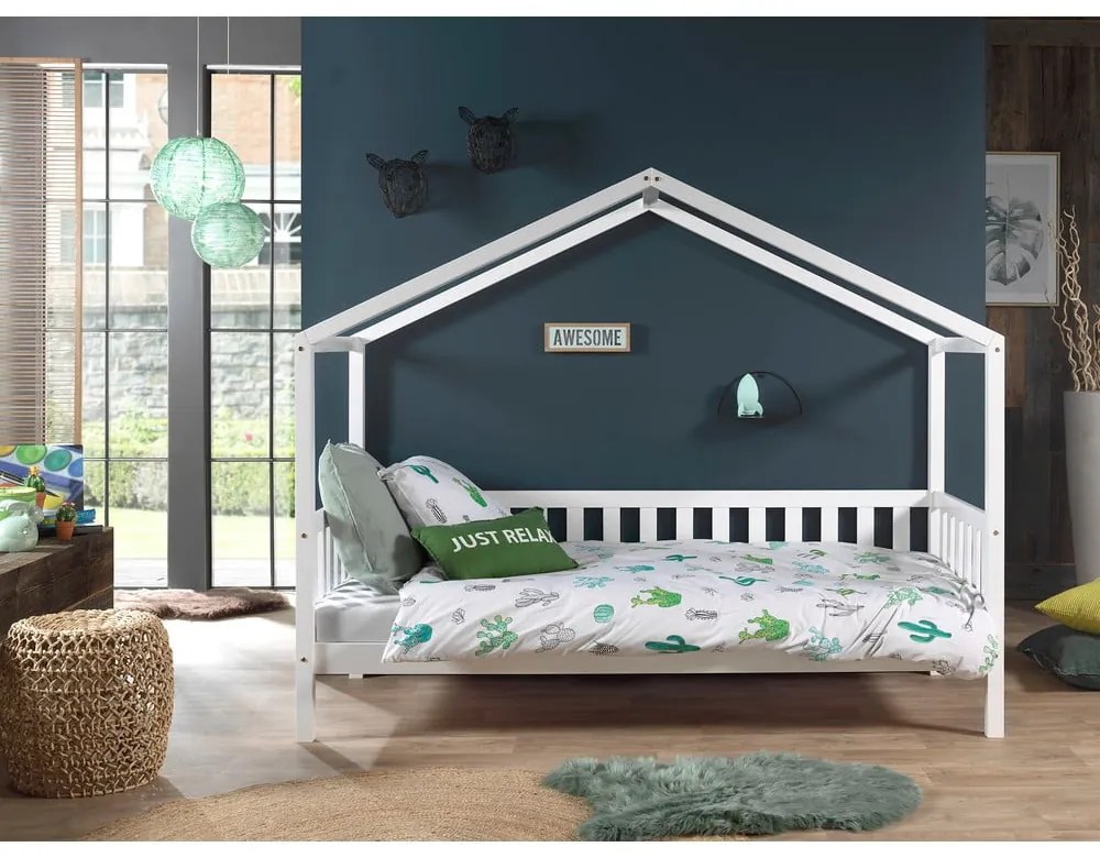 Fehér házikó alakú borovi fenyő gyerekágy kihúzható pótággyal, tárolóhellyel 90x200 cm DALLAS – Vipack