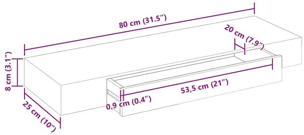 2 db fehér lebegő fali polc fiókkal 80 cm