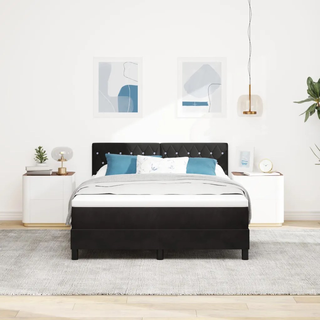 Boxspring Ágy Mattal Fekete 140x200 cm Bársony