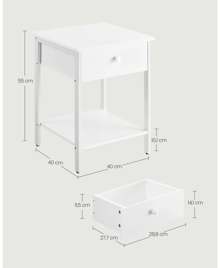 Éjjeli szekrény, lerakó asztal, fiókkal és polccal, fehér 40x40x55cm