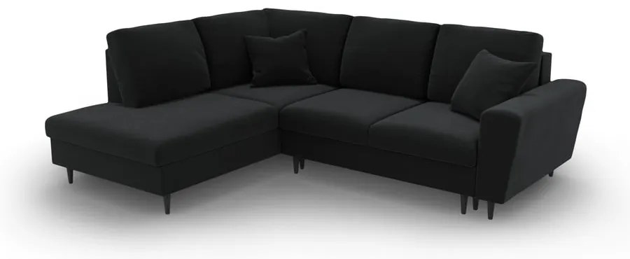Fekete bársony kinyitható tárolóhelyes sarokkanapé (bal oldali-L alakú) Kyoto – Cosmopolitan Design