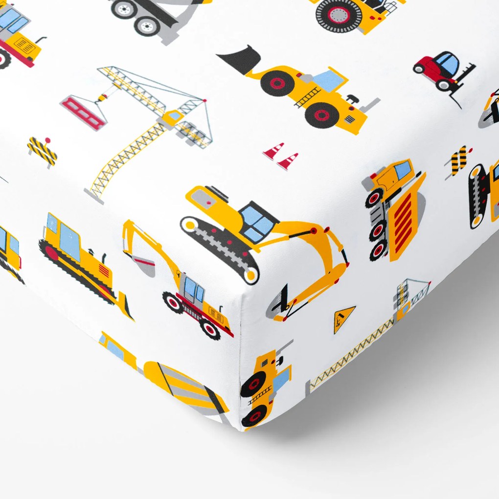 Goldea gyerek pamut körgumis lepedő - teherautók és kotrógépek 200 x 200 cm