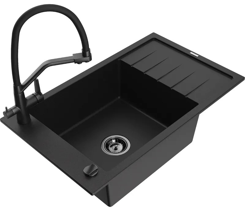 Mexen Elias 1-medencés gránit mosogató csepegtetővel és Duo konyhai csappal, fekete - 6511-77-671701-70-B