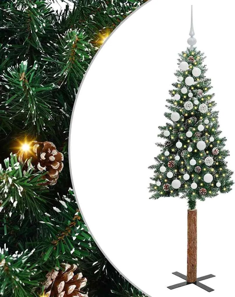 vidaXL Karcsú karácsonyfa 150 LED-del Zöld 150 cm PVC és tömör fenyőfa