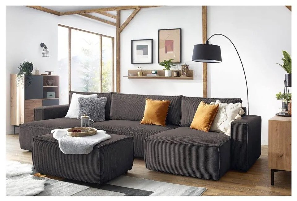 Szürkésbarna kordbársony kinyitható (U alakú) sarokkanapé Nihad – Bobochic Paris