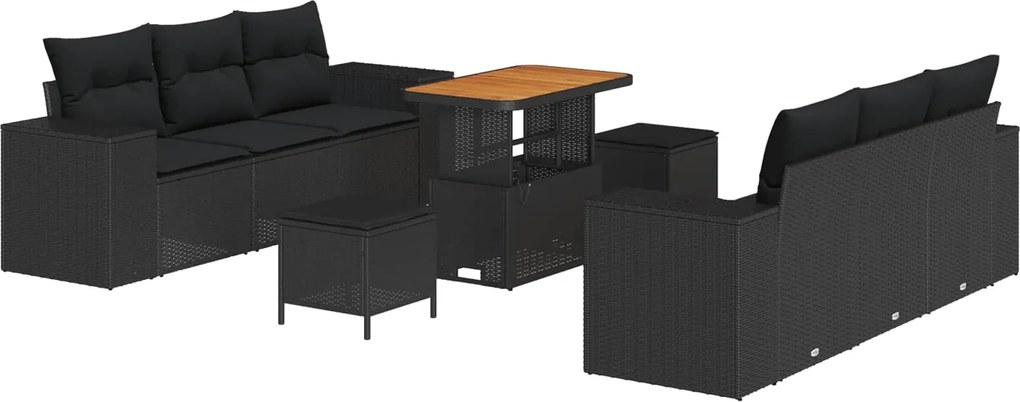 vidaXL Kerti Kanapé Szett párnával tárolóval 9 pcs Fekete Poly Rattan