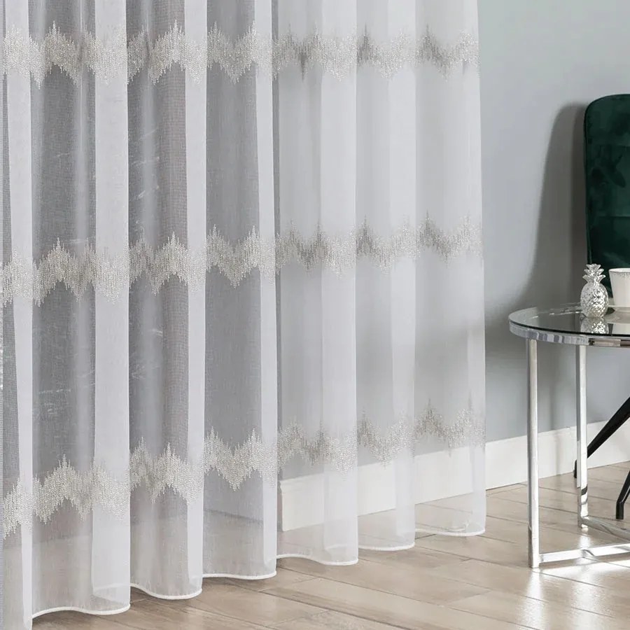 Hímzett függöny ólomzsinórral, hosszú nappali függöny, 280 cm, fehér, szürke-ezüst mintával