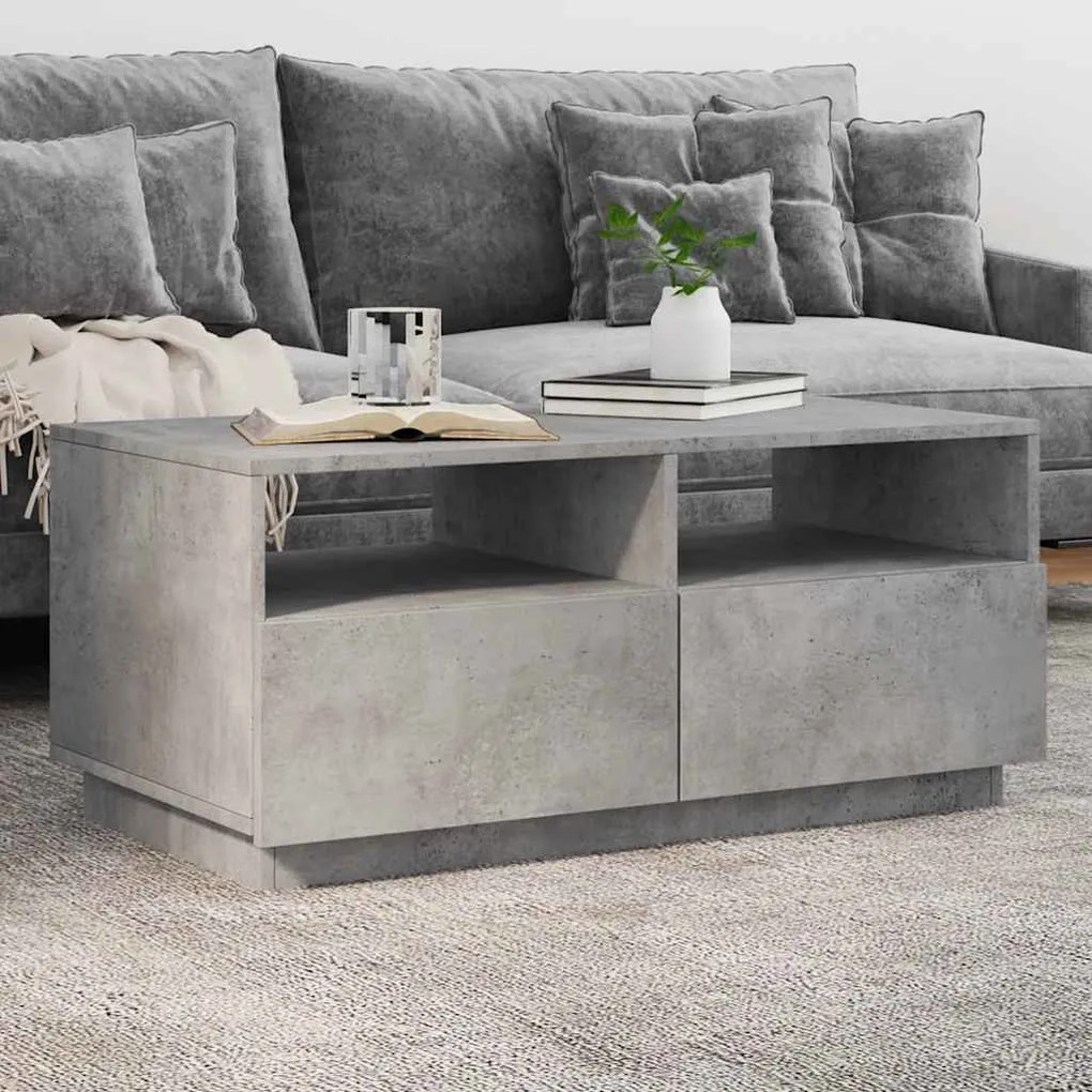 Betonszürke dohányzóasztal LED-lámpákkal 90x49x40 cm