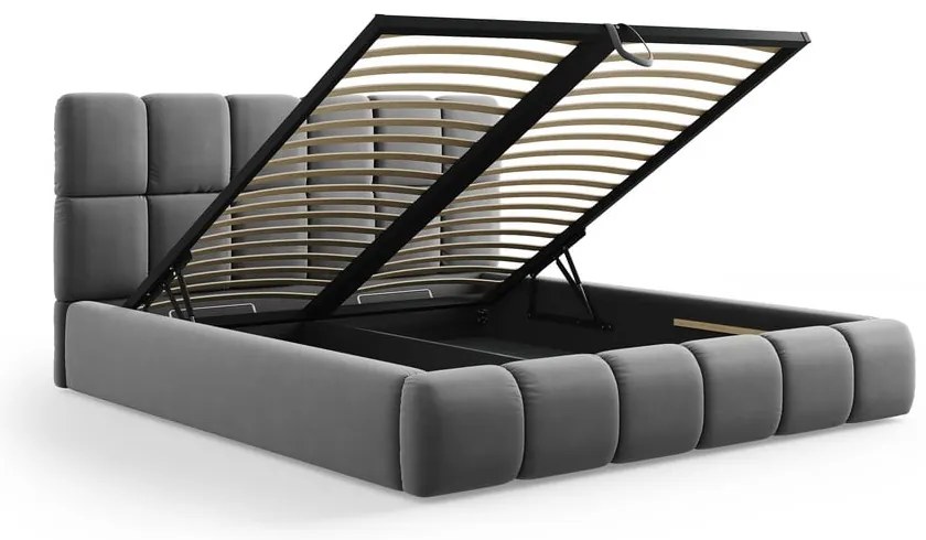 Szürke bársony kárpitozott ágyneműtartós franciaágy ágyráccsal 180x200 cm Bellis – Micadoni