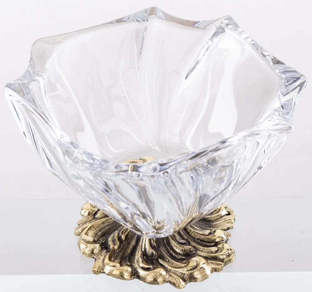 Vastag üvegtálka bonbonier masszív míves sárgaréz talppal 9x12,5x11,5cm