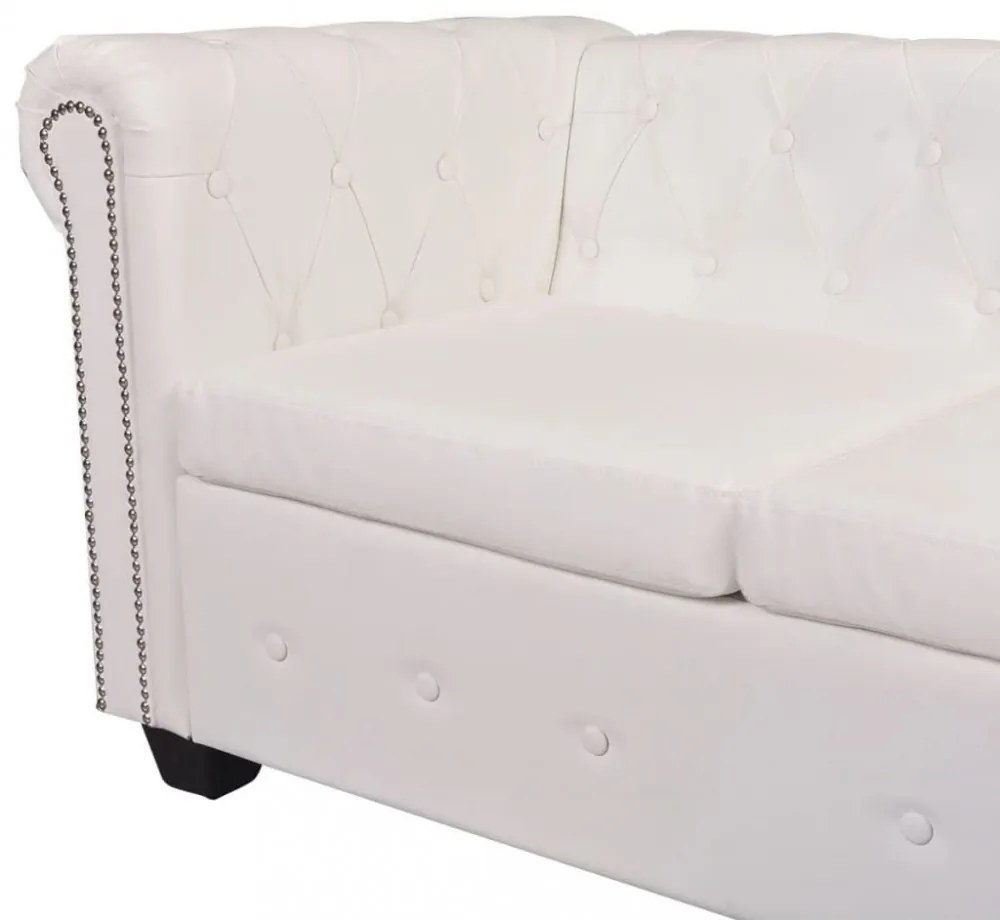 5 személyes fehér műbőr Chesterfield sarokkanapé