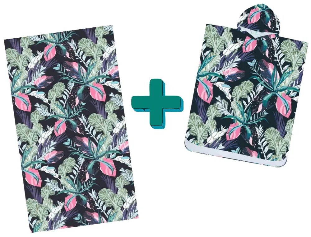 Strandkészlet NIGHT BLOSSOM – Fürdőlepedő 100×180 cm és poncsó 80×145 cm, fekete