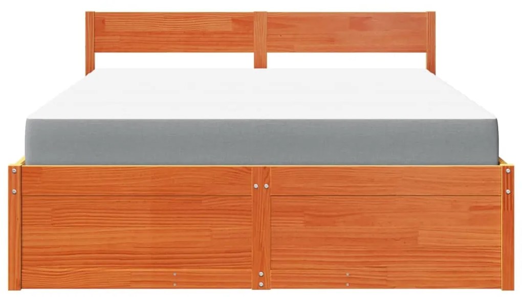 viaszbarna tömör fenyőfa ágy fiókokkal és matraccal 160x200 cm