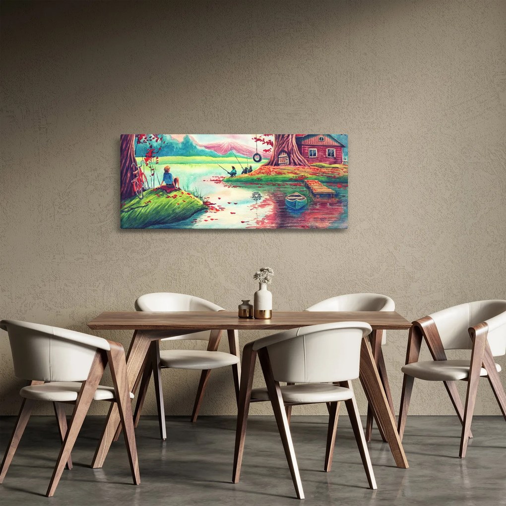 Kép - akvarell, Öböl egy hegyi faluban (120x50 cm)