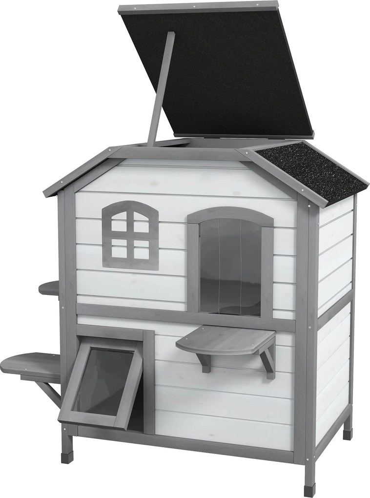 PawHut Fa Macska Ház 2-Szintes Téli Védett Vízhatlan Macska Kunyhó Aszfalt Tetővel Összecsukható Fedél Lépések Macska Barlang Kültéri Menedék Kerti Er