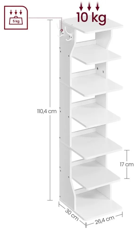 Vasagle CINDY cipőtartó, 6 szint, 30x26,4x110,4 cm, fehér
