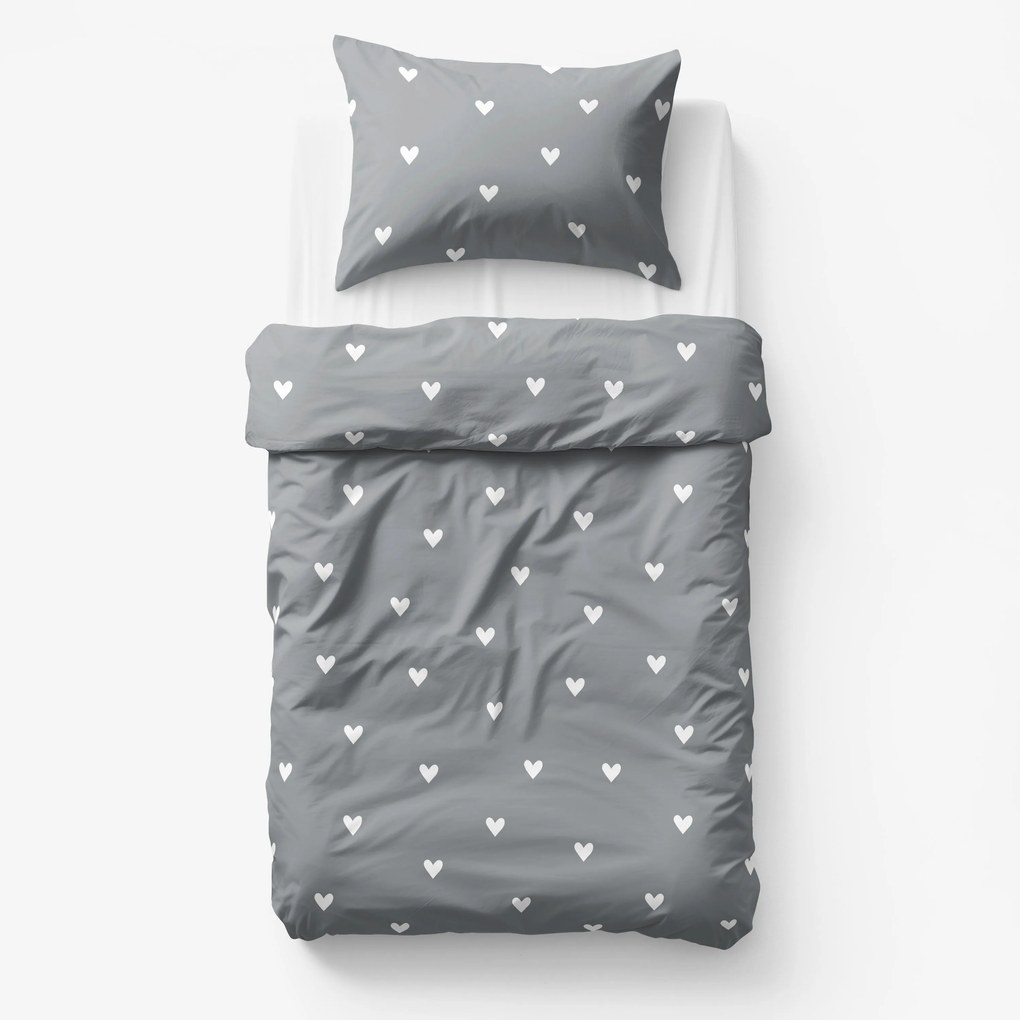 Goldea gyermek pamut ágyneműhuzat - szívecskék, szürke alapon 150 x 200 és 50 x 60 cm