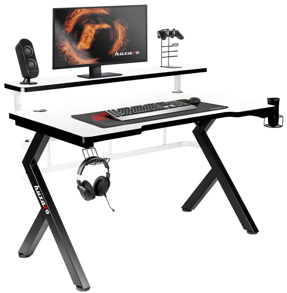 Gamer asztal játékasztal, monitor állvánnyal, 120 x 60 x 69,5 cm, alumínium / HDF, fekete / fehér