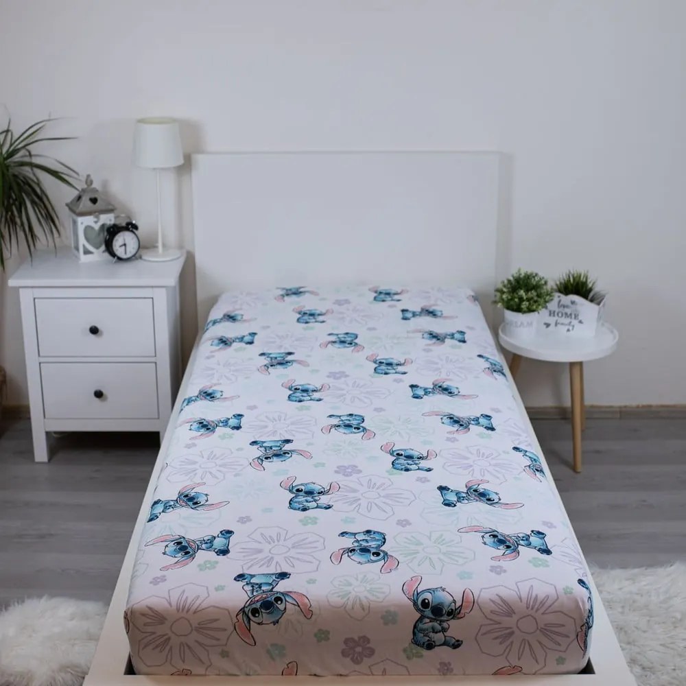 Fehér gumis egyszemélyes pamut gyerek lepedő 90x200 cm Lilo and Stitch "Ohana White" – Jerry Fabrics