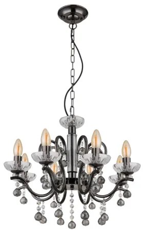 Globo 64134-8 Csillár fém fekete-króm, füstszínű/átlátszó üvegkristályok, magassága lerövidíthető, ø: 520mm, M: 1250mm, 8x E14 40W 230V izzók nélkül