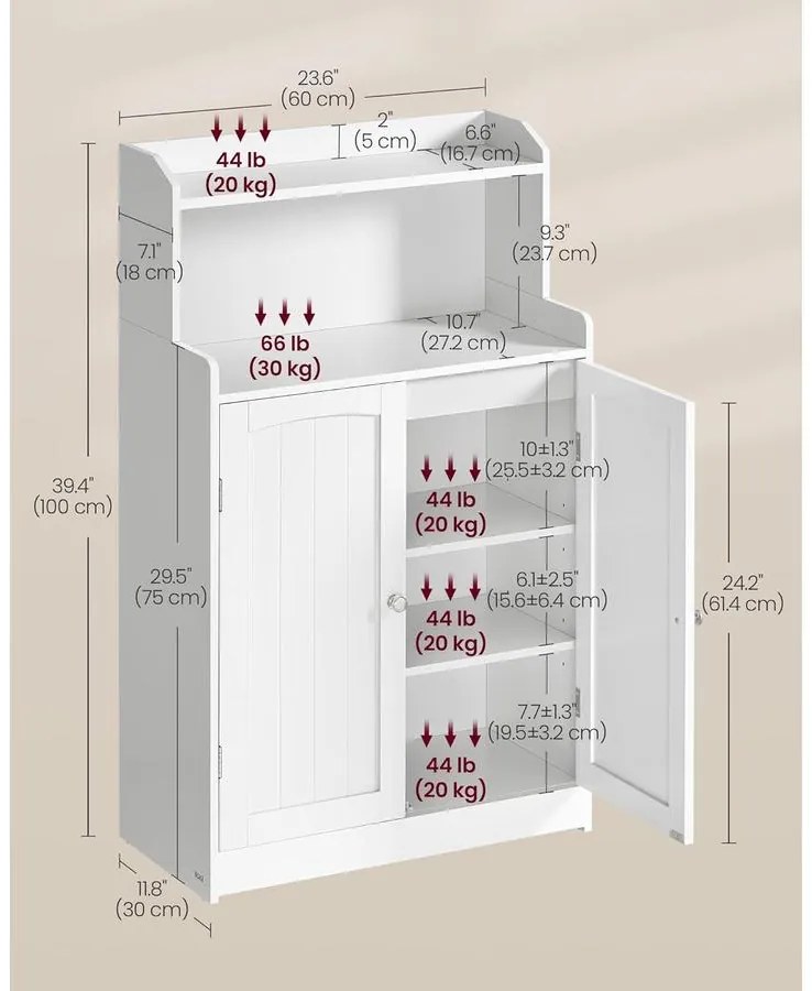 Fürdőszobai szekrény, tároló egység 2 ajtóval, 2 állítható polccal, fehér