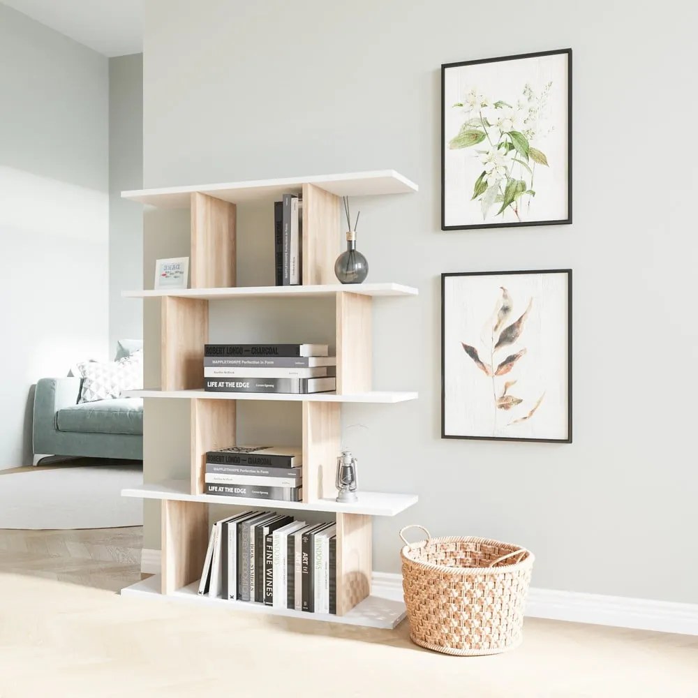 Fehér-natúr színű könyvespolc tölgyfa dekorral 90x127 cm Harmon – Kalune Design