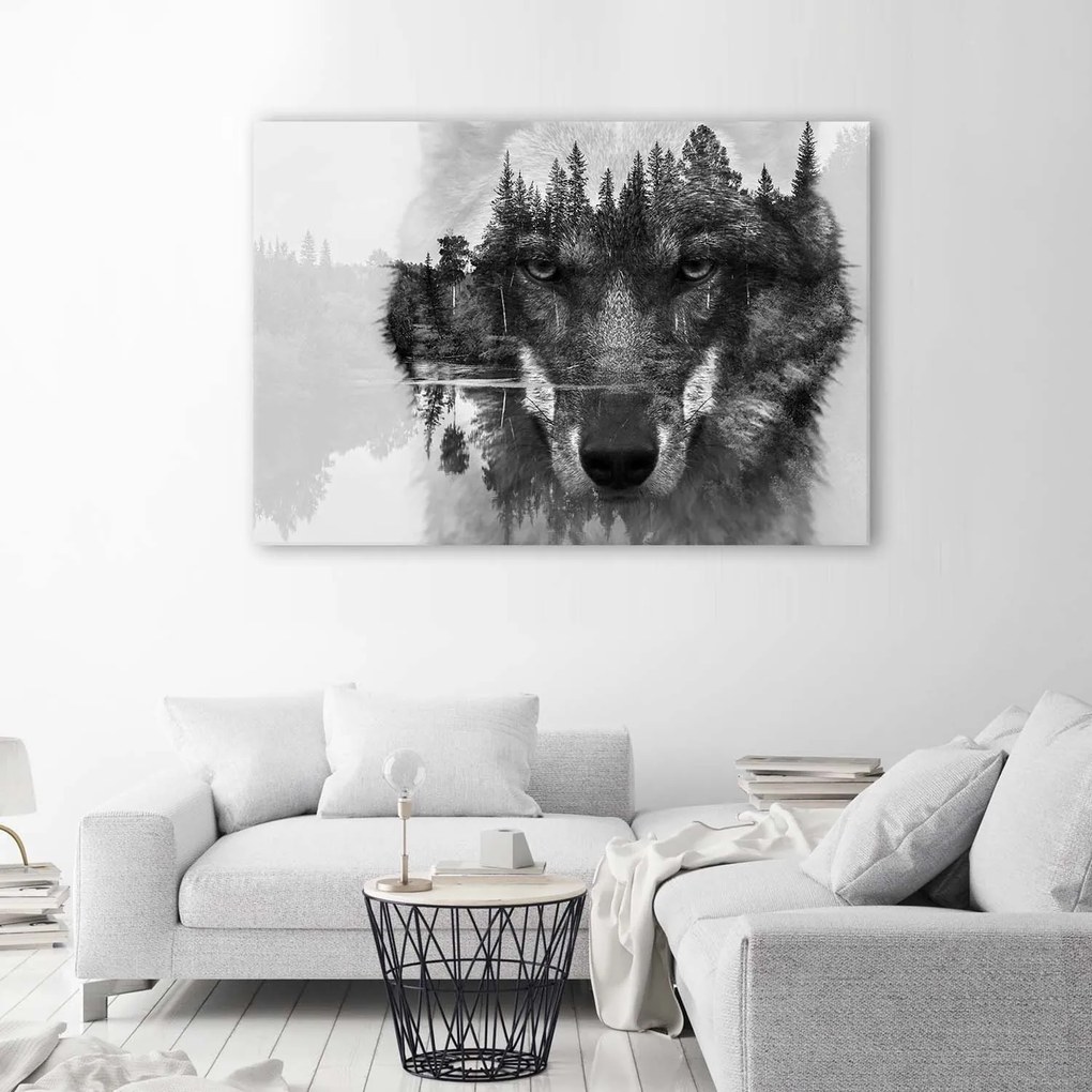 Gario Vászonkép Fekete farkas a háttérben erdõ és tó absztrakt Méret: 100 x 70 cm