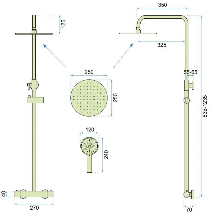 Rea Vincent, zuhanygarnitúra termosztatikus csapteleppel és esőfejjel 25 cm, arany matt, REA-P6602