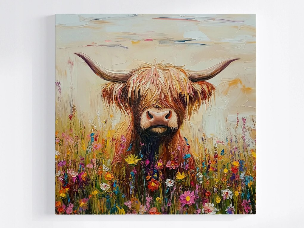 Canvas Vászonkép Skót Tehén Highland Rét Virágok Tavasz 40x40