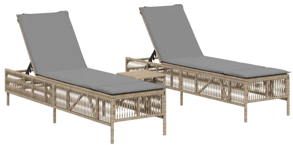2 db bézs polyrattan napozóágy asztallal