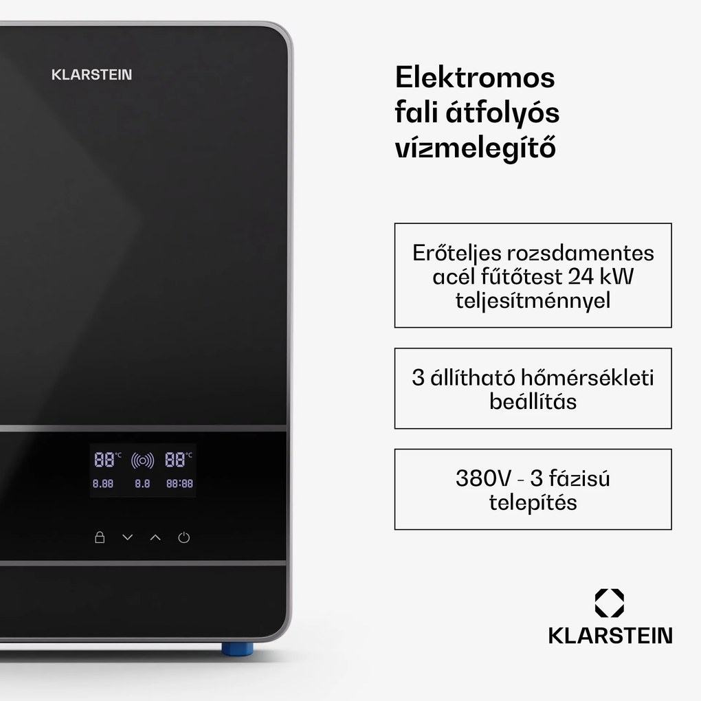 Klarstein Blaze Flow Elektromos átfolyós vízmelegítő, rozsdamentes acél fűtőelem, LED kijelző, 24 kW