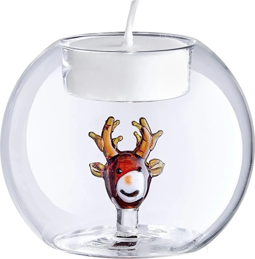 MERRY BRIGHT üveg gyertyatartó gömb Ø8cm , rénszarvas
