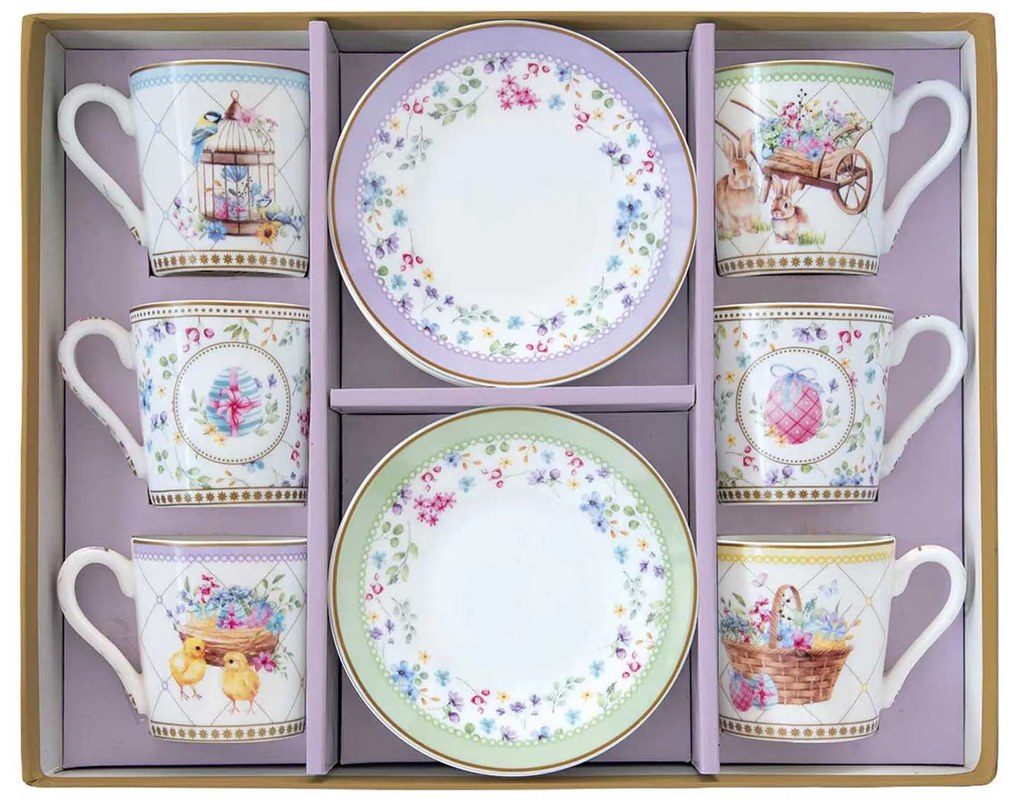 Spring Bloom húsvéti porcelán eszpresszó kávés csésze 6 személyes szett díszdobozban