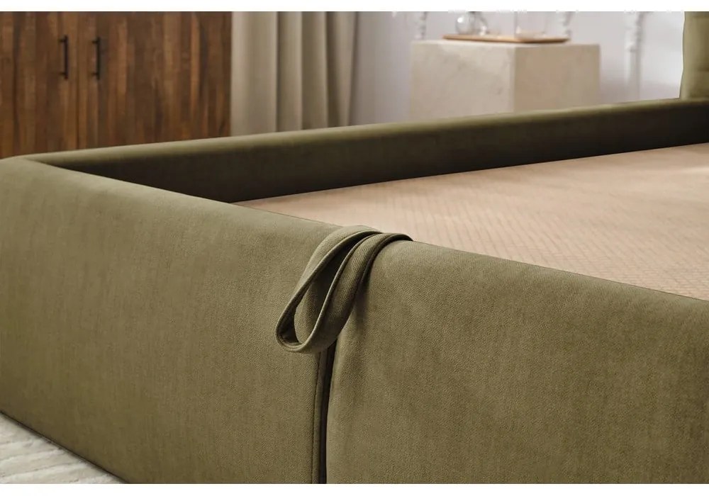 Sötétzöld kárpitozott franciaágy tárolóhellyel, ágyráccsal 180x200 cm Clothilde – Bobochic Paris