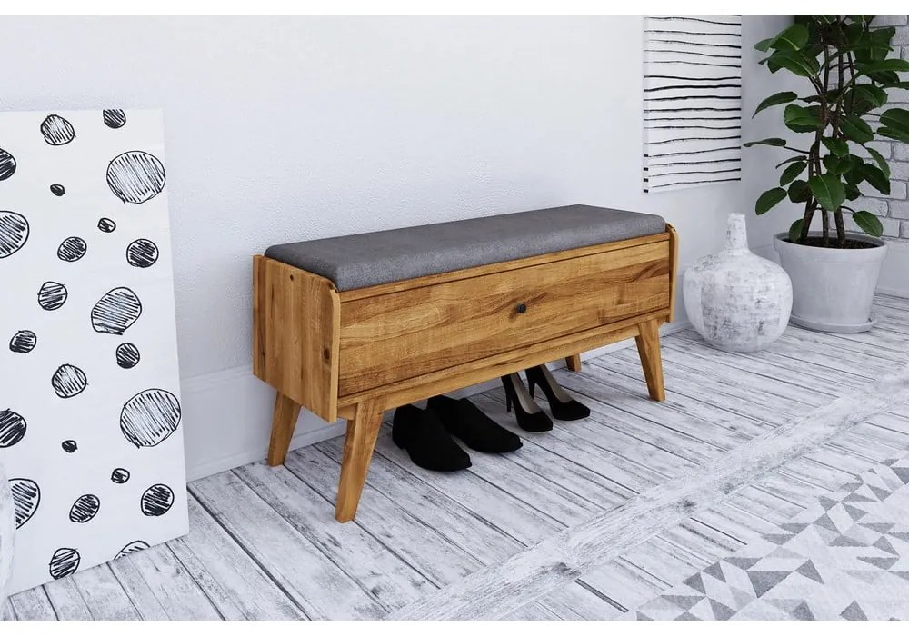 Tölgyfa pad tárolóhellyel, világosszürke ülőrésszel Retro - The Beds