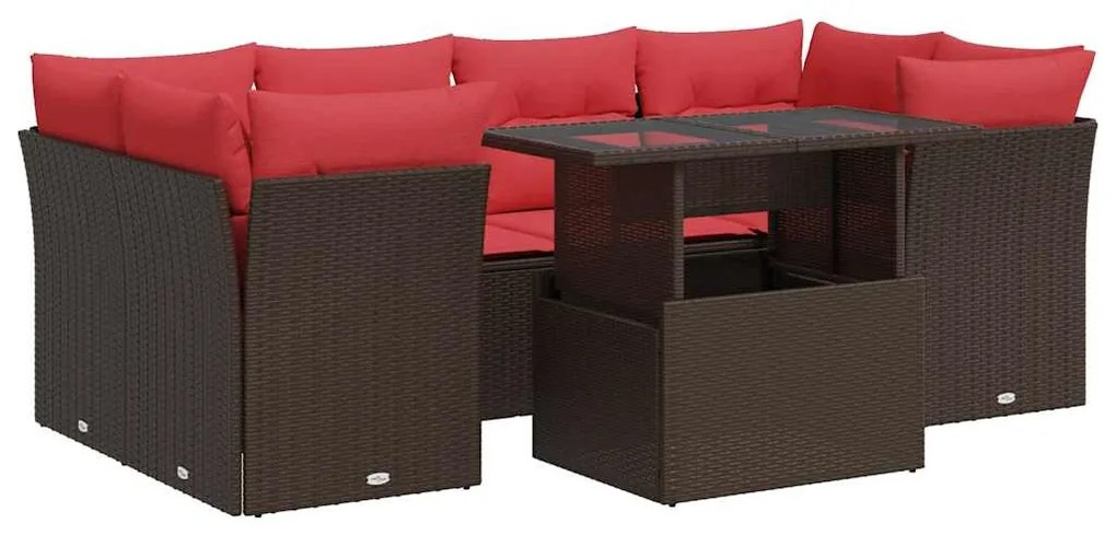 7 részes barna polyrattan akácfa kerti ülőgarnitúra párnákkal