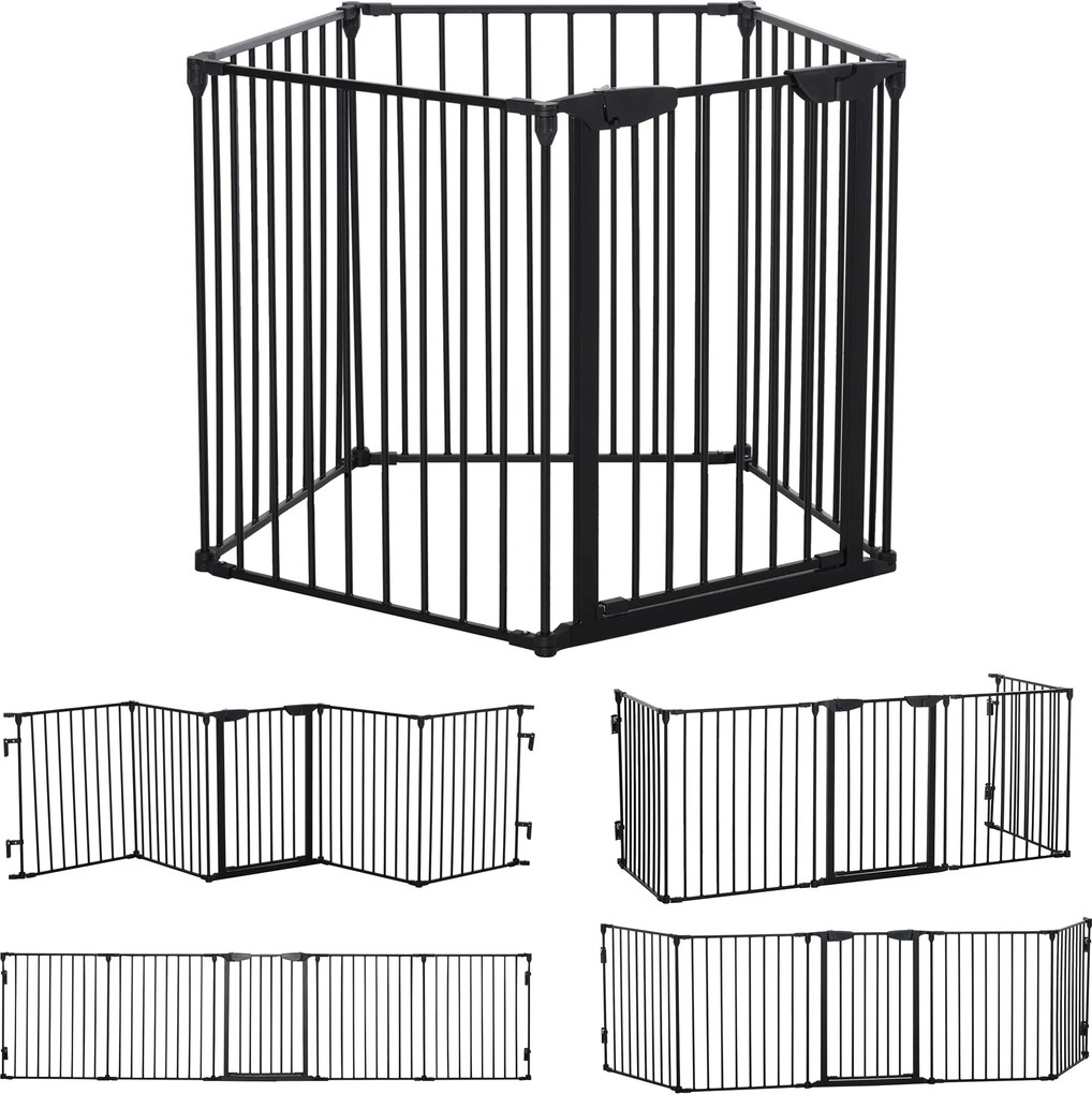 PawHut 2 az 1-ben Kiskutya Korlát 5 Darabos Összecsukható Rács Kapu Kutyák Számára Ajtóval - DIY Kiskutya Játszótér Tűzhely Védő és Karácsonyfát Védő