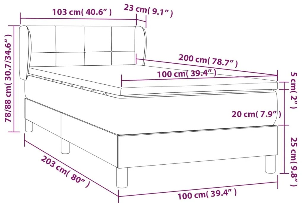 sötétkék bársony rugós ágy matraccal 100 x 200 cm