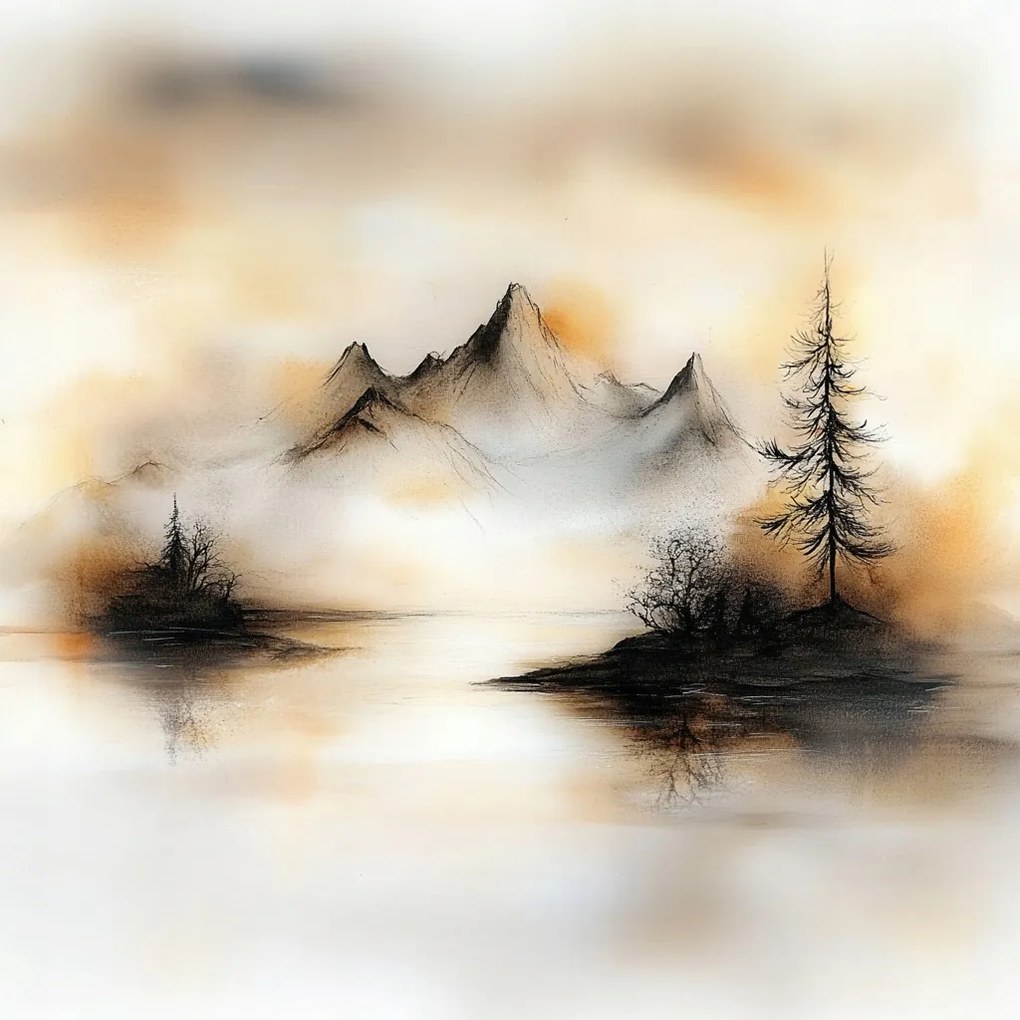 Vászonkép Canvas Grafika Tájkép Hegyek Tó Sziget Fa 40x40