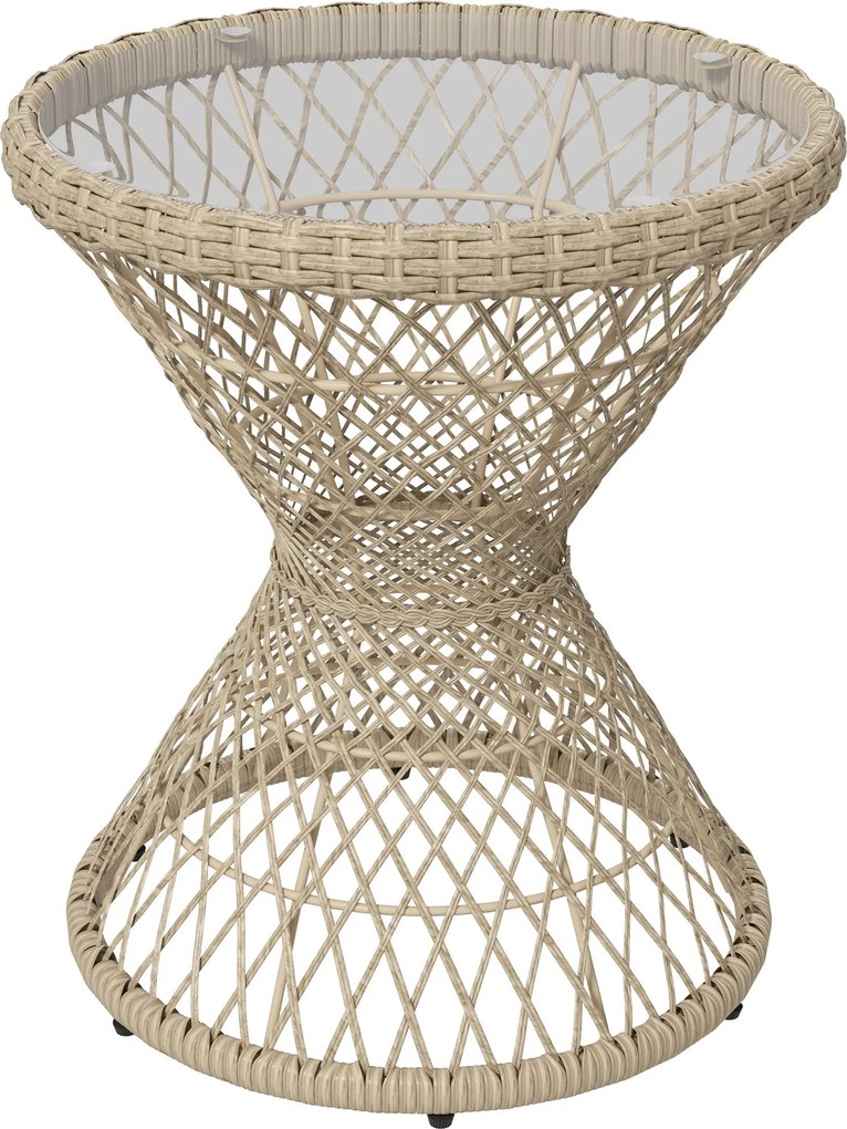 Outsunny Rattan Oldalsó Asztal Kerti Asztal 45 x 45 cm UV Védelemmel, Erkély Asztal Biztonsági Üveg Asztallappal, Boho Dizájn Kávézó Asztal, Barna | A