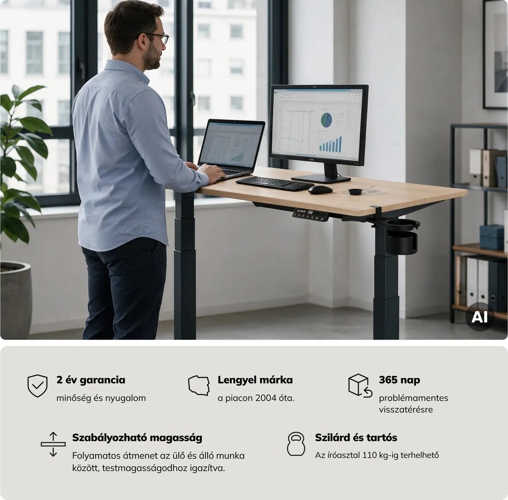 Elektromos íróasztal magasságállítással ergonomikus antracit/sonoma tölgy,1200x600 mm: ARIA