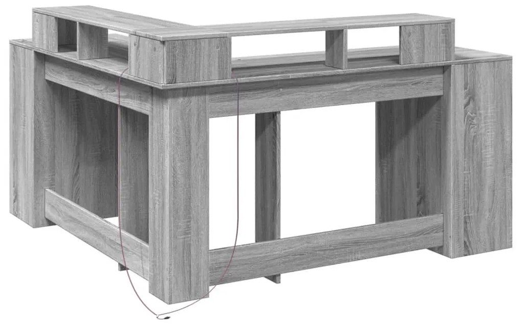 szürke sonoma színű szerelt fa LED-es íróasztal 152x152x91 cm